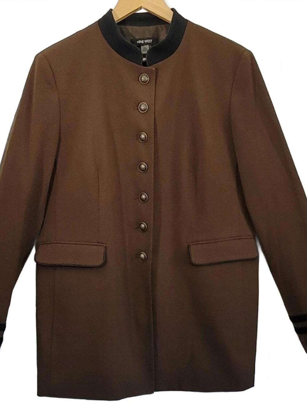 NINE WEST Women’s Vintage Brown Blazer Jacket Black Trim Button Front Size 14